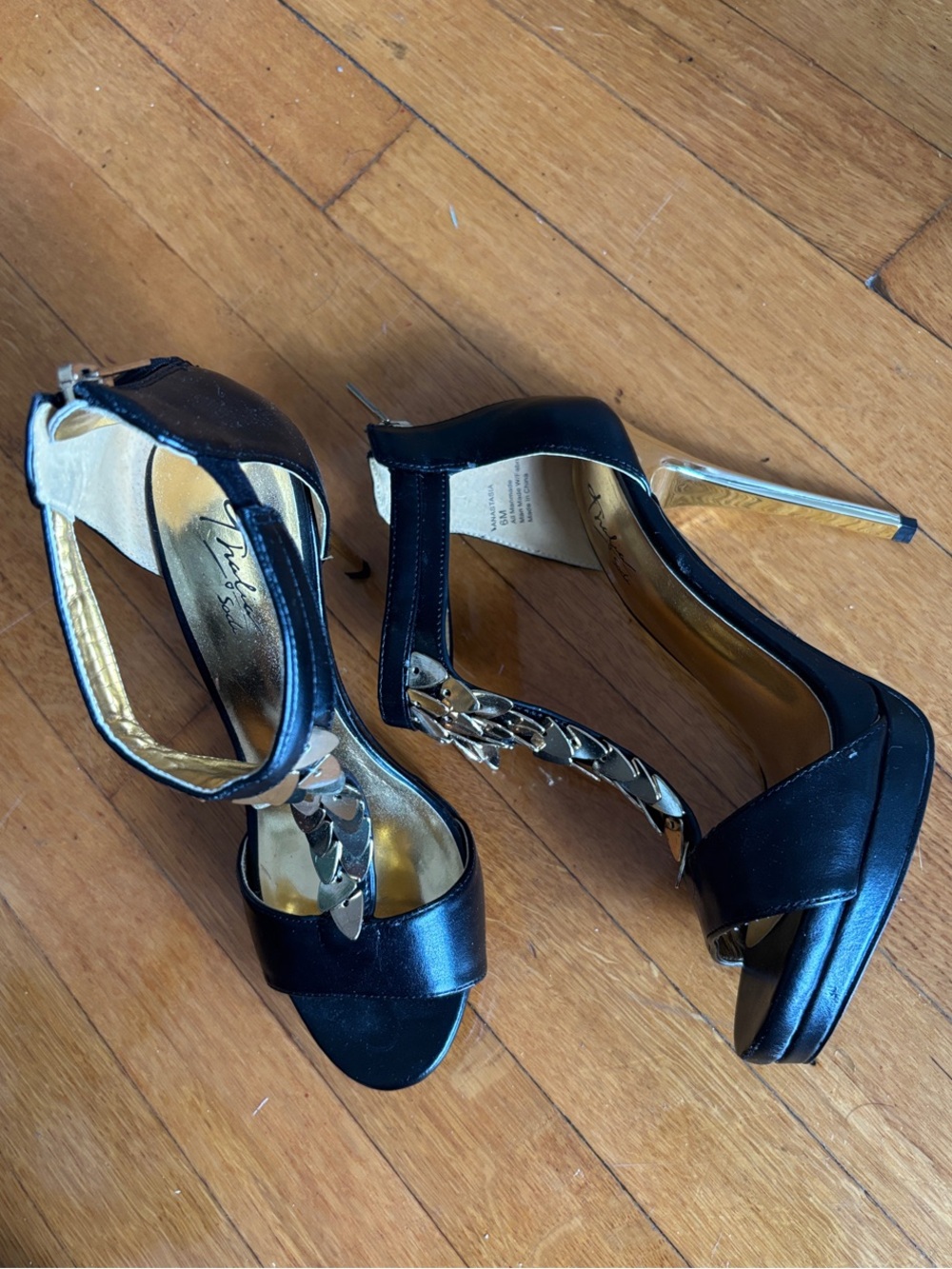 Thalia Sodi Black Heeled Sandals with Gold Chain Accent